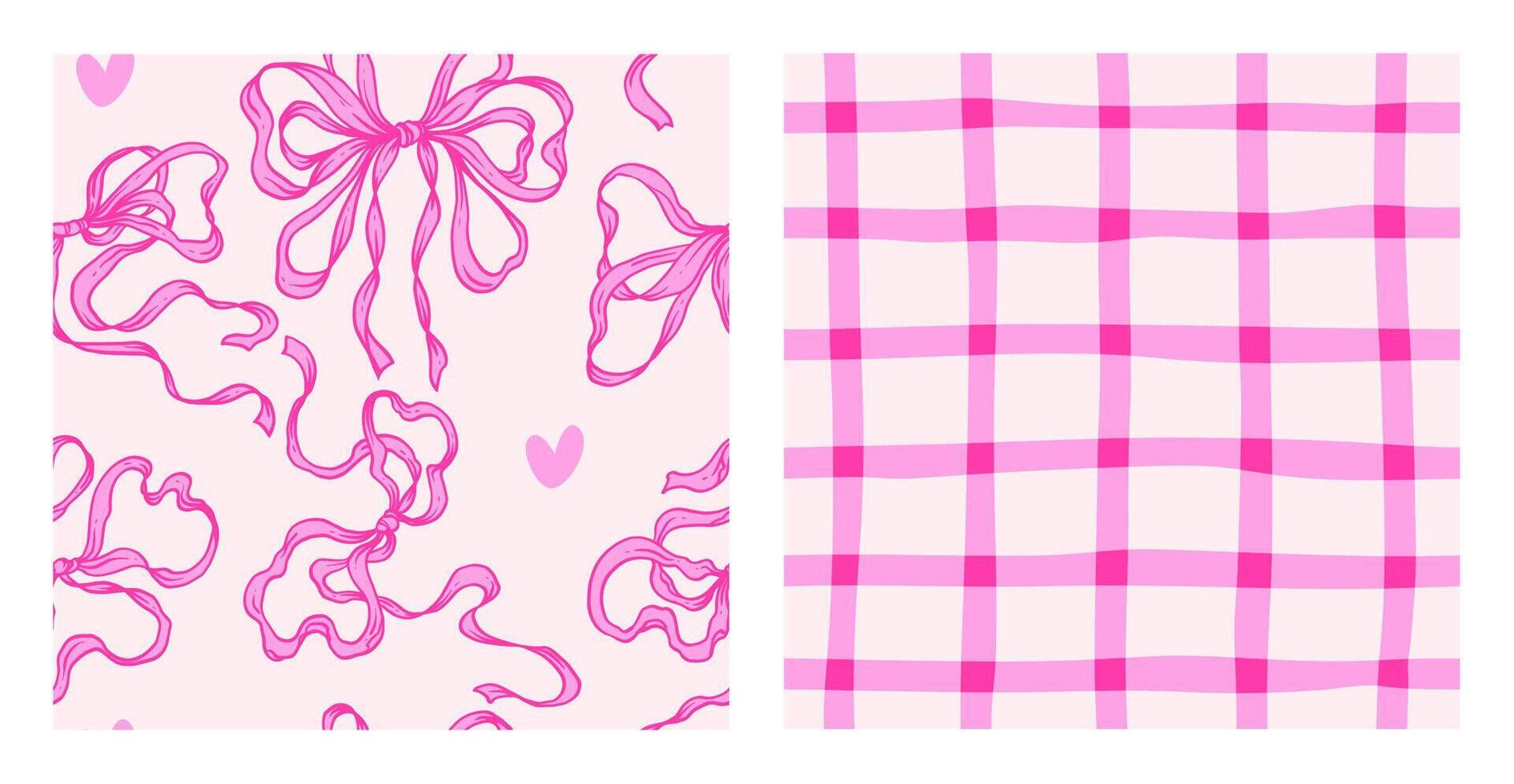 Romantic Coquette Seamless Pattern Set. Charming backgrounds with delicate ribbon bows and pink checkered designs. Perfect for feminine projects, fabric prints, and Valentines Day aesthetics. vector