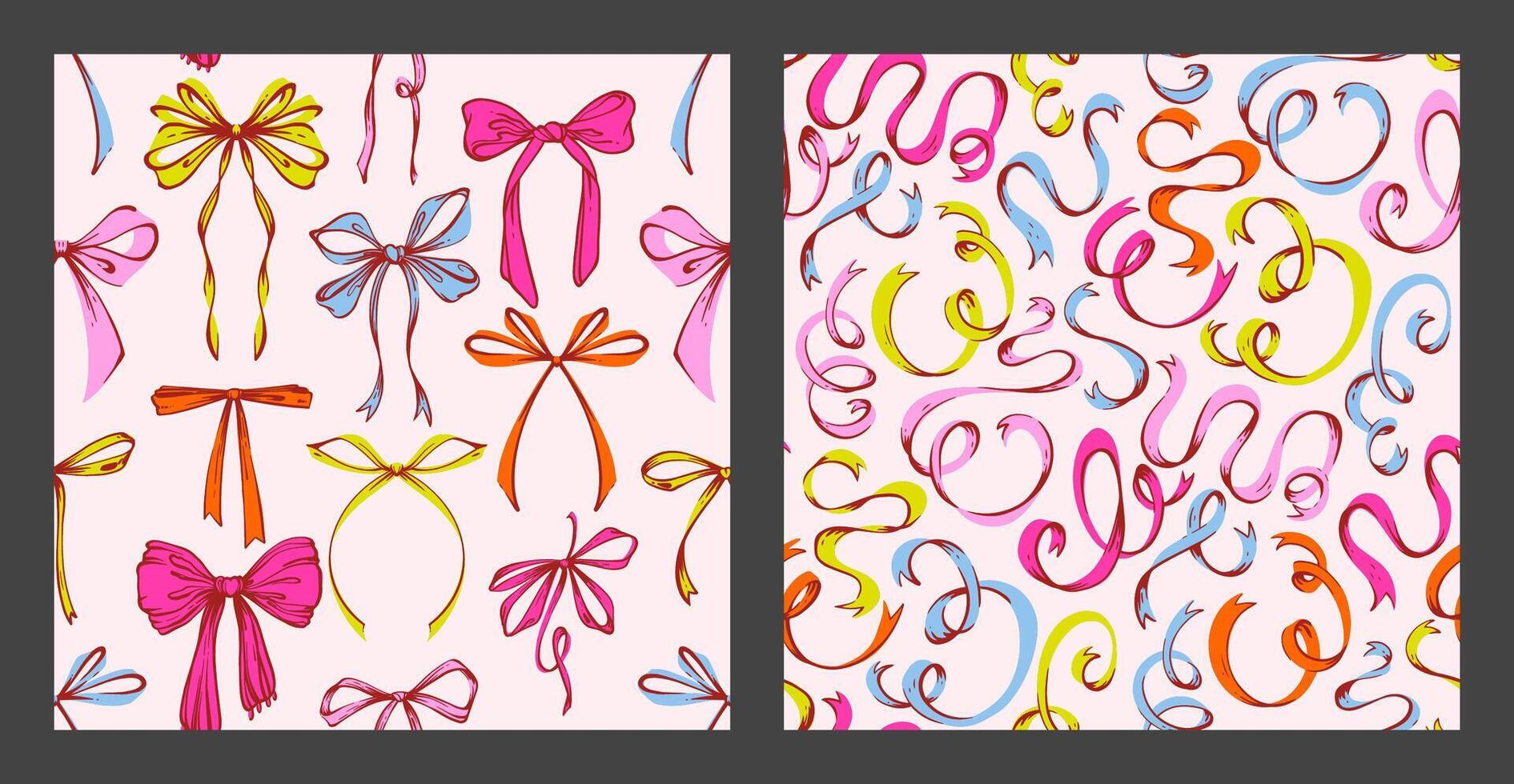 Playful Colorful Ribbon Bows Seamless Pattern Set. Vibrant Hand-Drawn Doodle Bows and Curls in Bold Colors. Fun Kids Design Perfect for Invitations, Wrapping Paper, Cheerful Creative Projects. vector