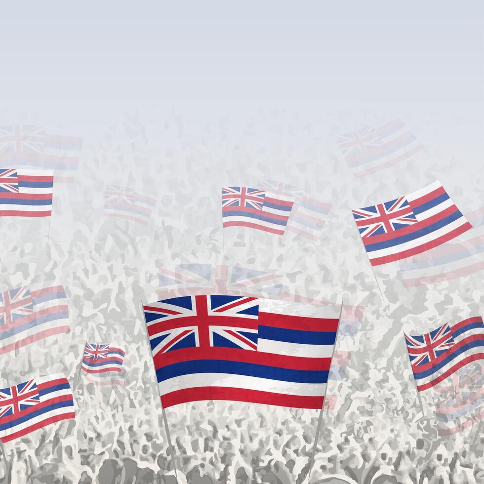 Crowd of people waving flag of Hawaii square graphic for social media and news. vector