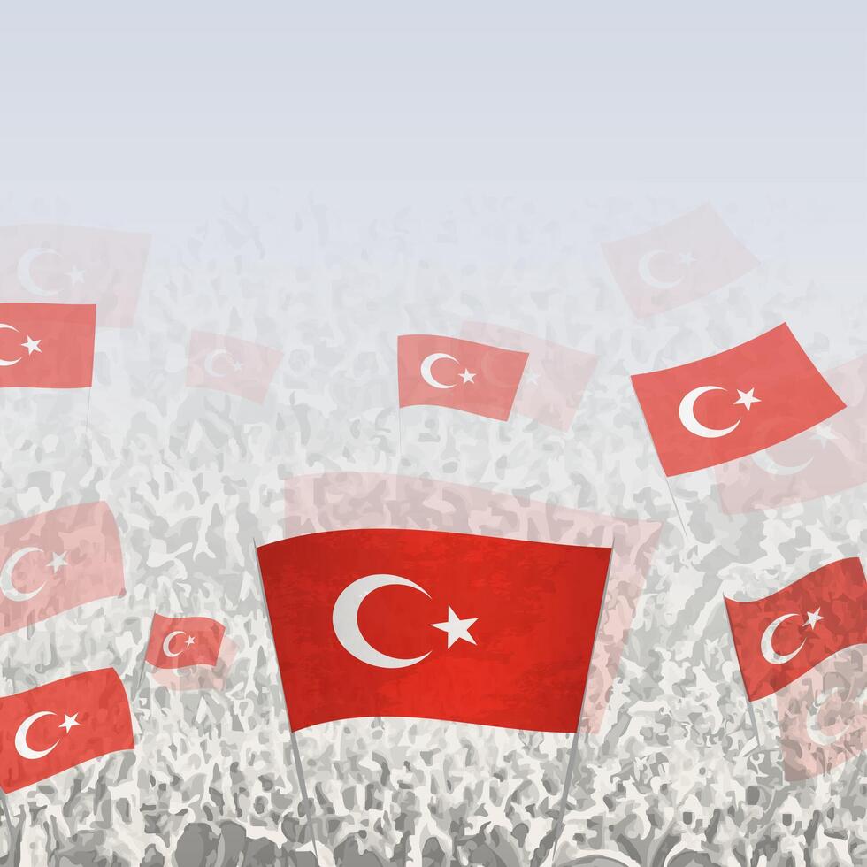 Crowd of people waving flag of Turkey square graphic for social media and news. vector