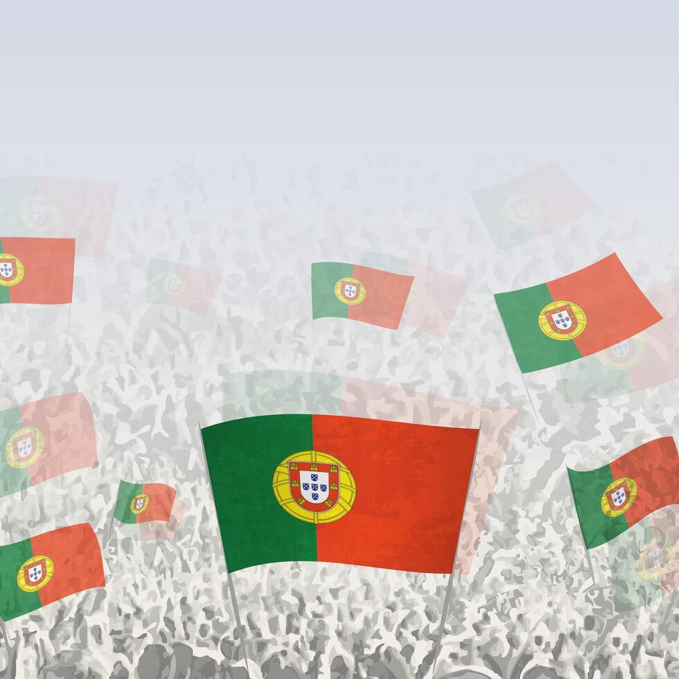 Crowd of people waving flag of Portugal square graphic for social media and news. vector
