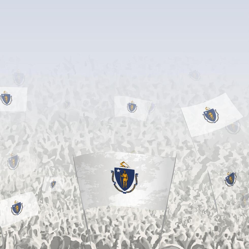 Crowd of people waving flag of Massachusetts square graphic for social media and news. vector