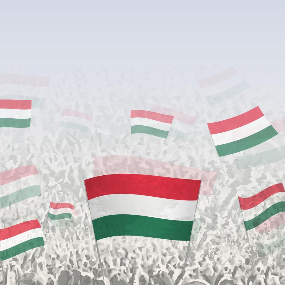 Crowd of people waving flag of Hungary square graphic for social media and news. vector