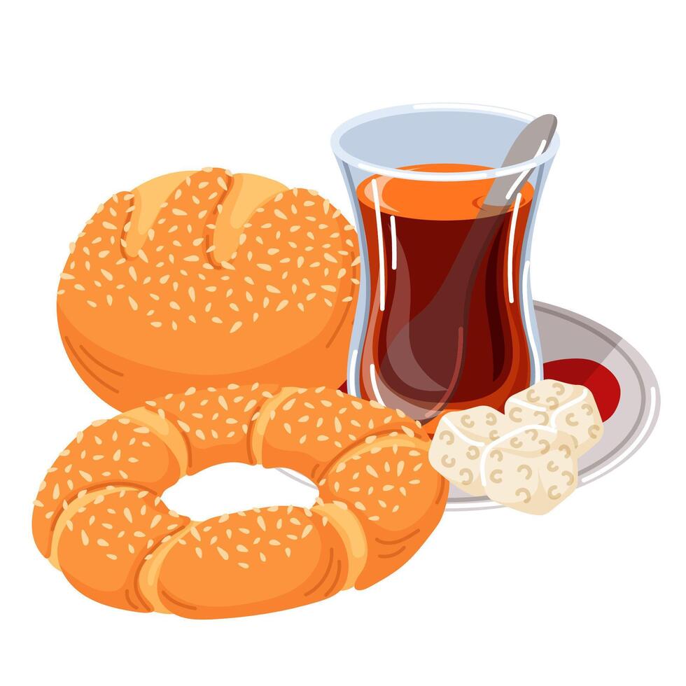 Turkish breakfast with traditional glass of tea, sesame simit, sugar cubes and pogaca on decorative plate saucer in cartoon style. Perfect representation of traditional food culture and morning vector