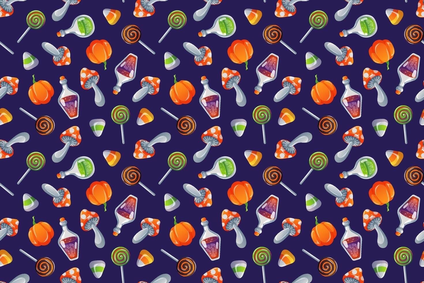 Seamless Halloween pattern with pumpkin, mushroom, candy, lollipop and magic potions on a dark background in cartoon style. Ideal for seasonal design, party decor and festive packaging. vector