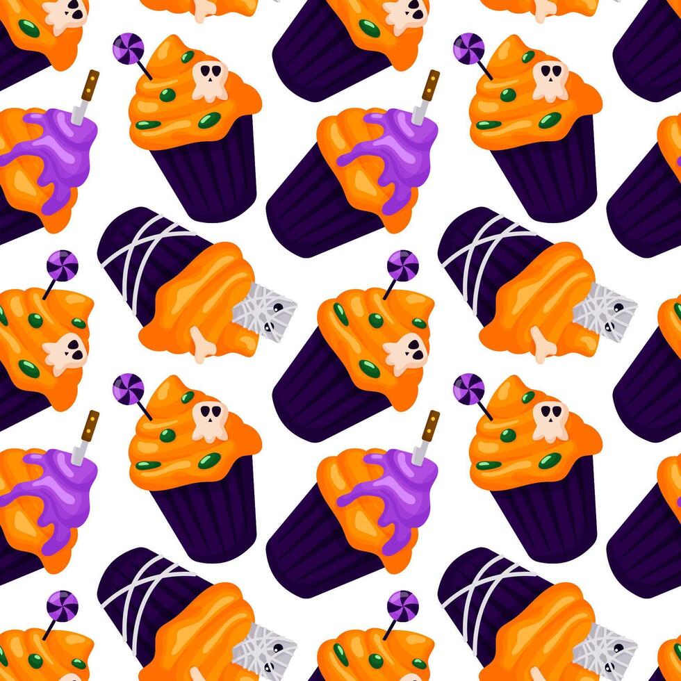 Seamless Halloween cupcake pattern with spooky decoration, candy, purple icing and mummy wrappers on white background. Perfect cartoon style design for festive decor, party theme and seasonal package. vector