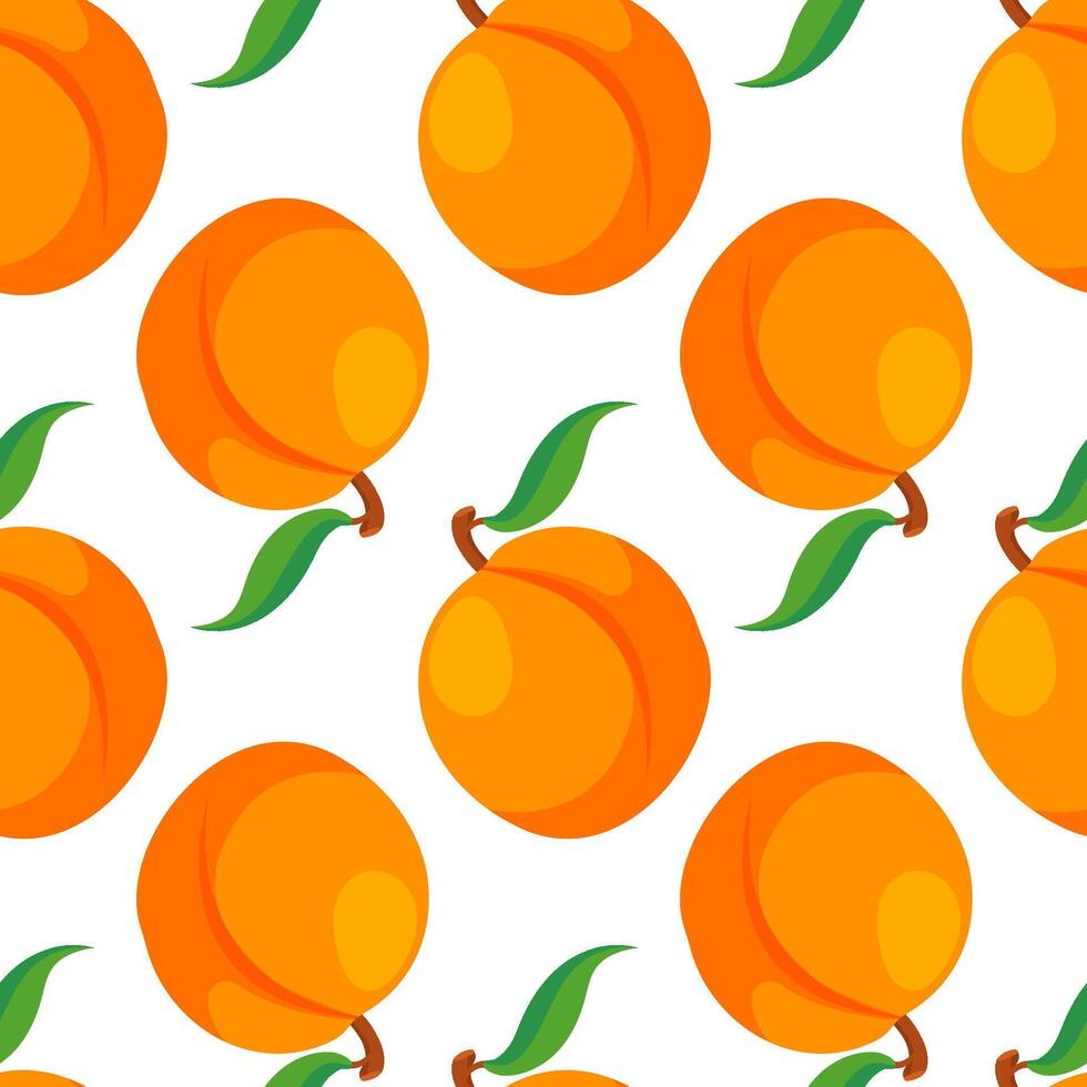 Seamless peach fruit pattern with green leaf on white background in cartoon style. Sweet vibrant summer design ideal for fabric, wallpaper, kitchen decor, healthy, natural and juicy food illustration. vector