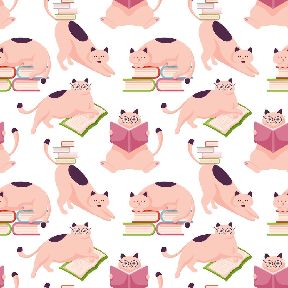 Cat character back to school seamless pattern in flat style. Happy cute cats character in glasses with book. Cartoon art style design of scientist animal cat for web, greeting card, banner. vector