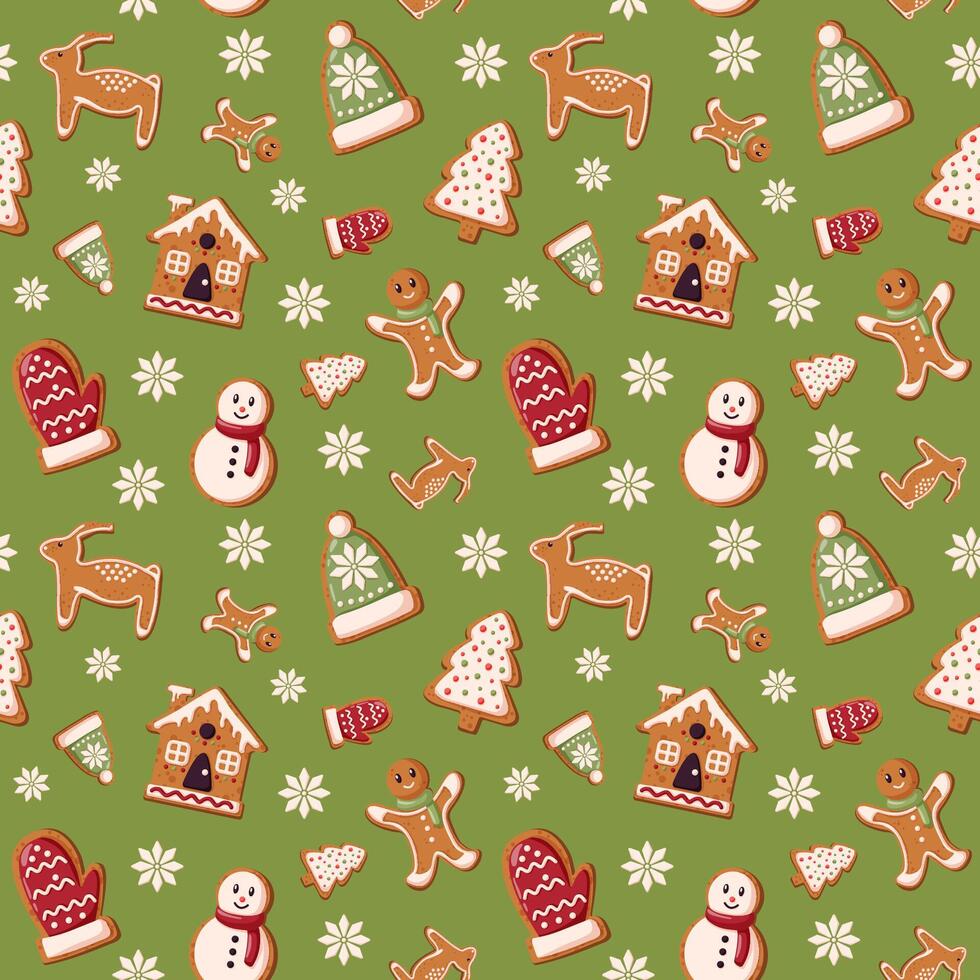 Seamless pattern with gingerbread cookie for Christmas Day and New Year in cartoon style. Holiday winter symbol. Festive treats. Christmas cookies. illustration. vector