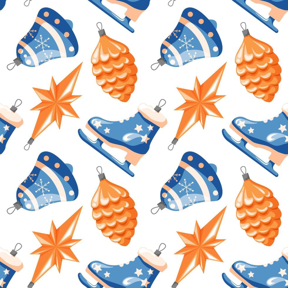 Christmas and Happy New Year seamless pattern in cartoon style. Christmas toys decoration in a shape of star, bell, ice skate and pine cone. Retro, vintage. illustration isolated on a white vector