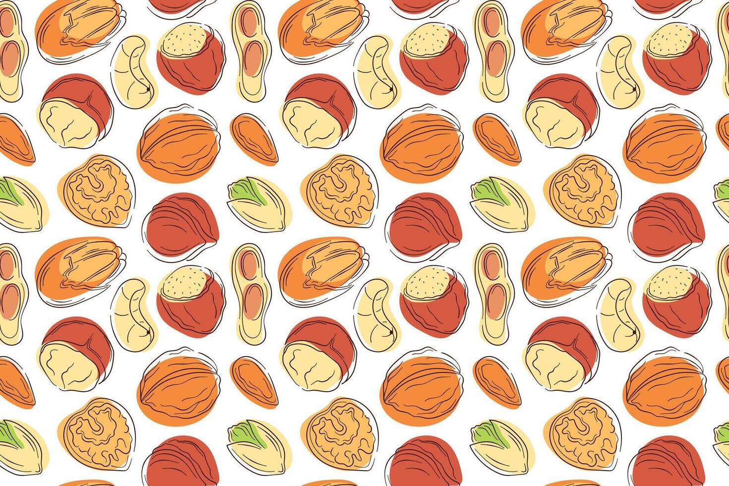 Seamless pattern of hand drawn nuts peanut, walnut, almond, pistachio, cashew, macadamia, pecan and hazelnut in flat style on white background. Perfect for textile, packaging, menu, store design. vector