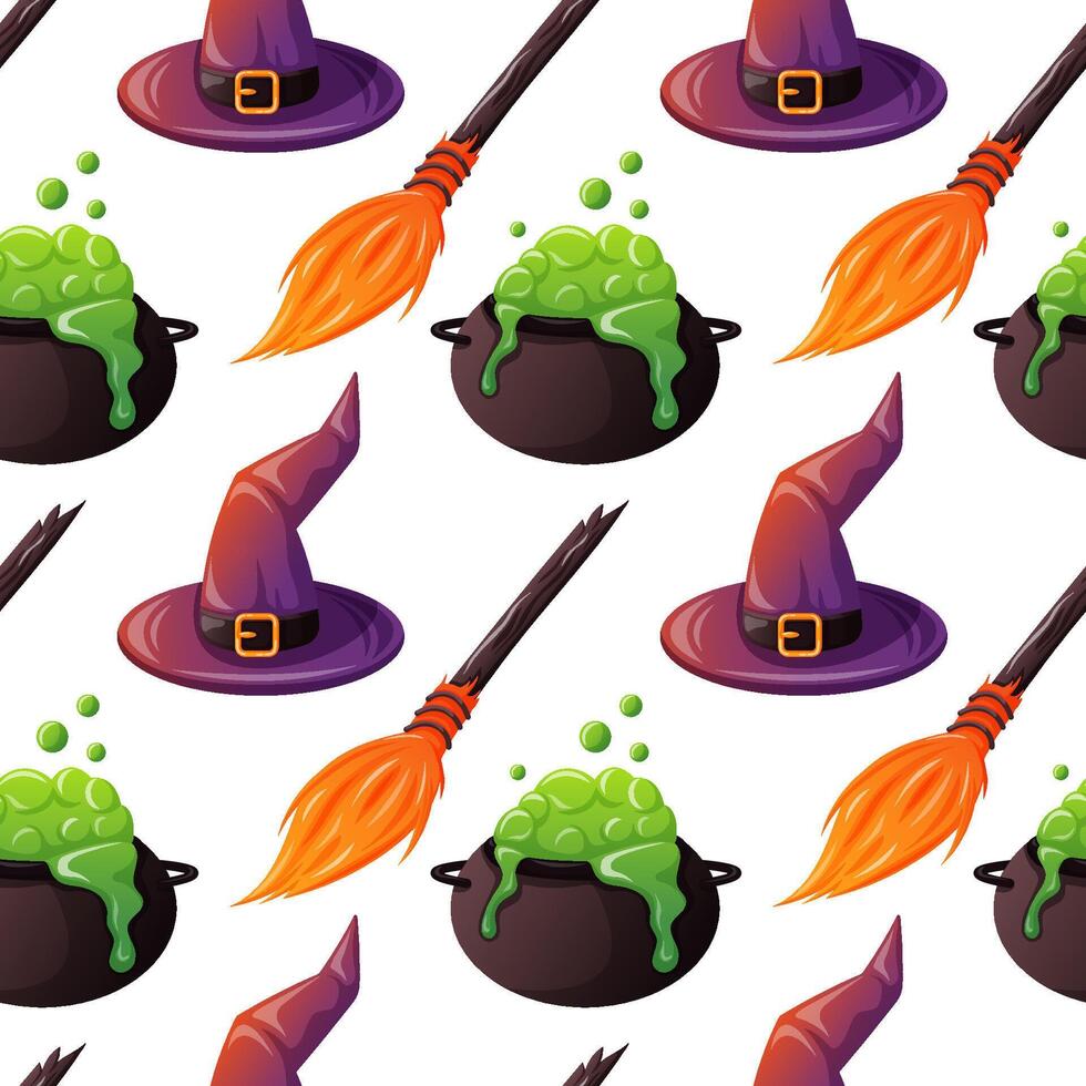 Seamless Halloween pattern with witch hat, broom and bubbling cauldron on white background in cartoon style. Perfect for seasonal wrapping paper and festive decoration. vector