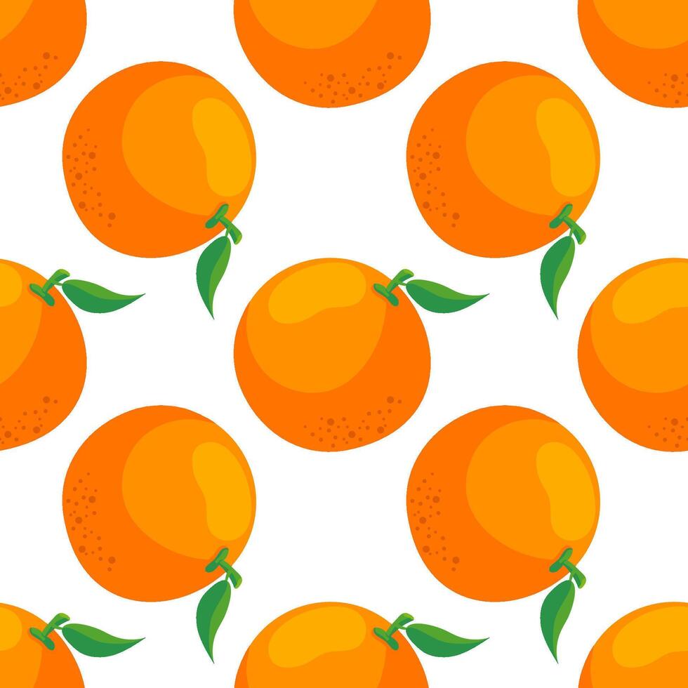 Seamless orange fruit pattern with green leaf on white background in cartoon style. Citrus design perfect for fabric packaging, wallpaper and kitchen decor, colorful juicy and fresh illustration. vector