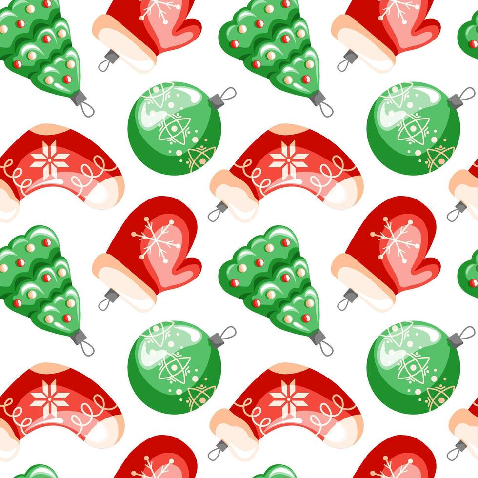 Christmas tree toys seamless pattern in cartoon style. Christmas sock, tree, mitten and balls decoration. New year wallpaper and background design. vector
