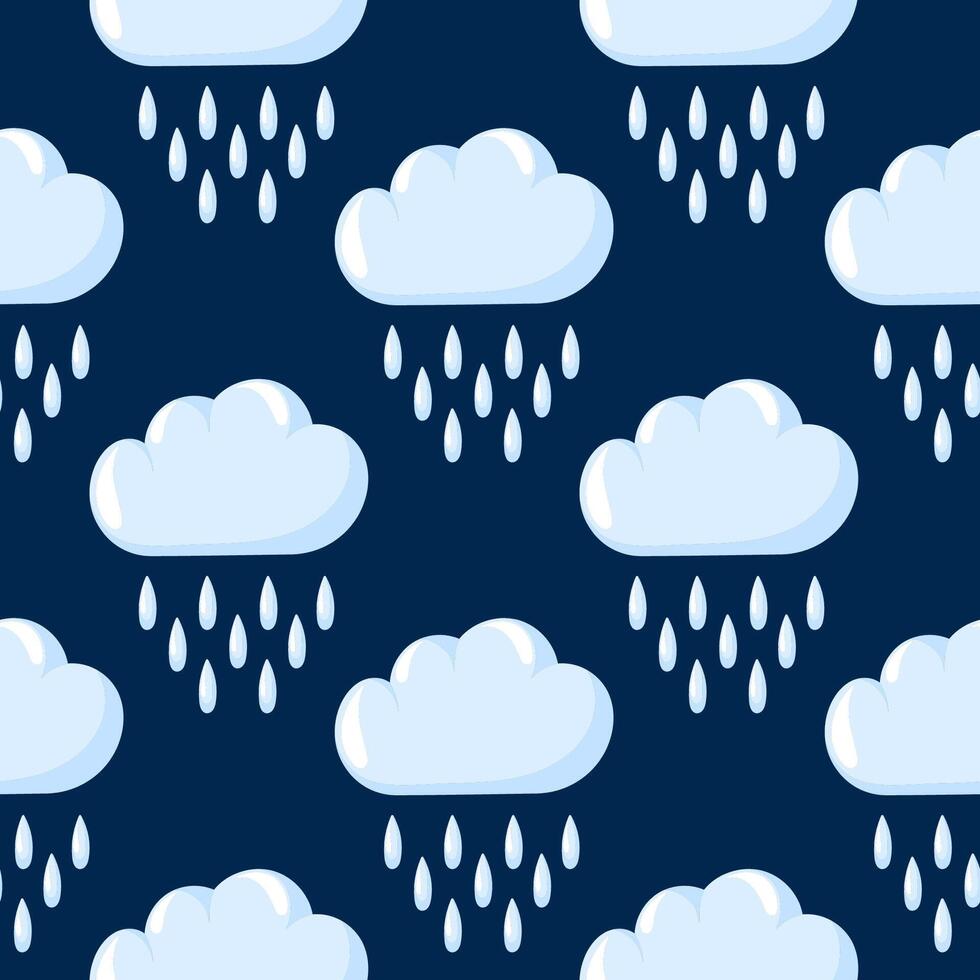 Seamless pattern with cartoon style cloud and raindrop on dark background. Perfect for weather theme, kids design, textile, wallpaper. vector