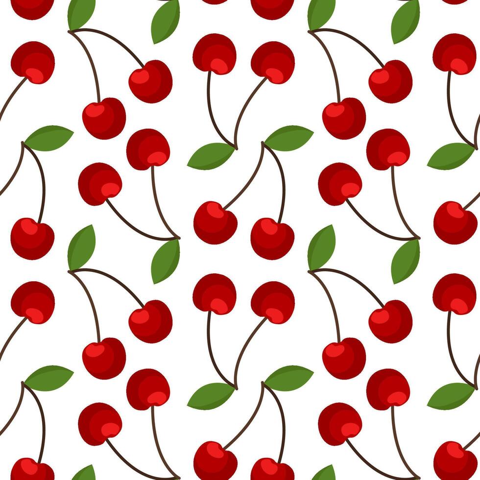 Seamless cherry pattern with green leaf and stem on white background in cartoon style. Perfect for fabric, textile, wrapping paper, kitchen decor and fresh fruit themed summer design. vector
