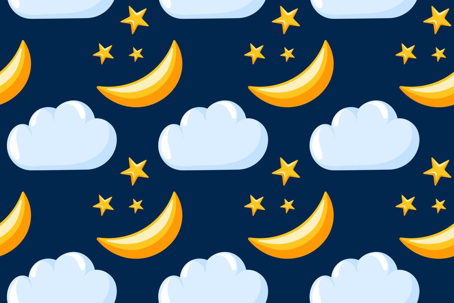 Seamless night sky pattern with cartoon style moon star and cloud on dark background. Perfect for kid theme design, textile, print, wallpaper and package. vector