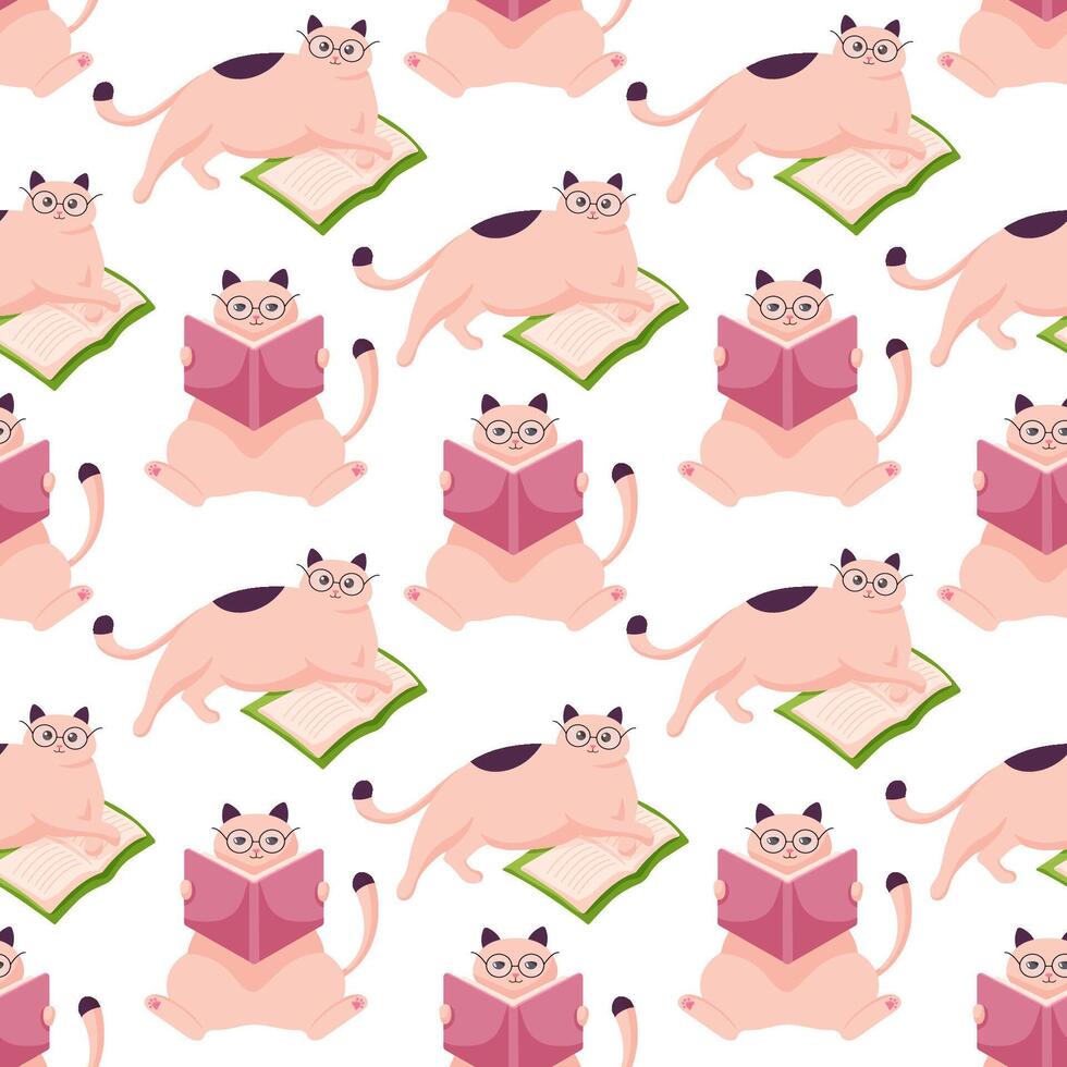 Seamless pattern of cute cartoon cats with glasses, reading books, playful and educational design. Ideal for children product, textile, and creative educational theme in flat style. vector