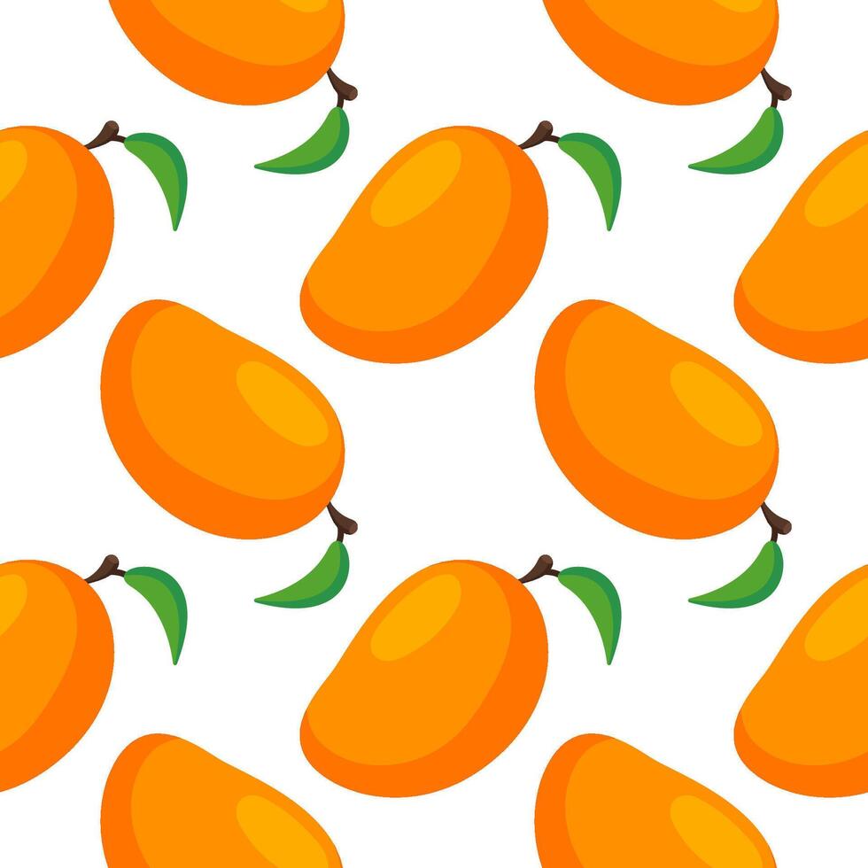 Seamless pattern with mango fruit with green leaf on white background in cartoon style. Design for for invitation, greeting card, scrapbooking, print, gift wrap, manufacturing. vector