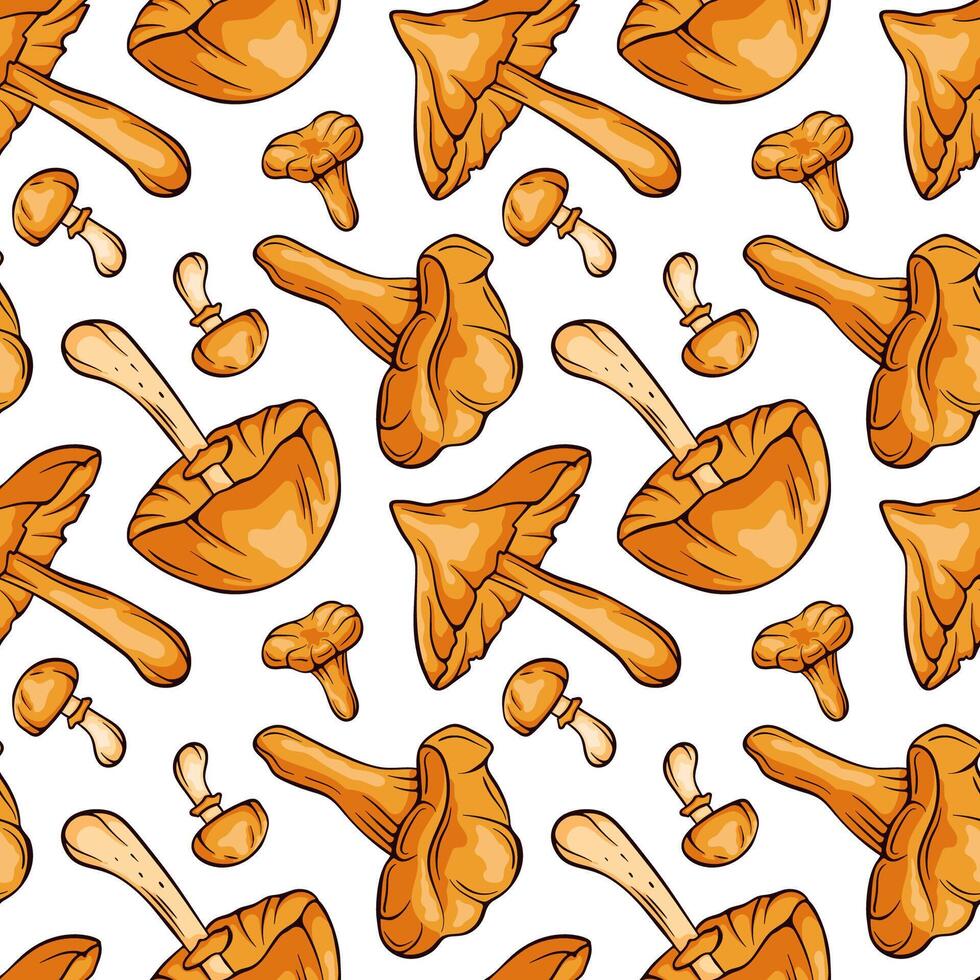 Seamless pattern with inedible and edible mushroom in cartoon style. Chanterelle, Autumn Skullcap, Deadly Webcap background design for wrapping paper, wallpaper, textiles, package. vector