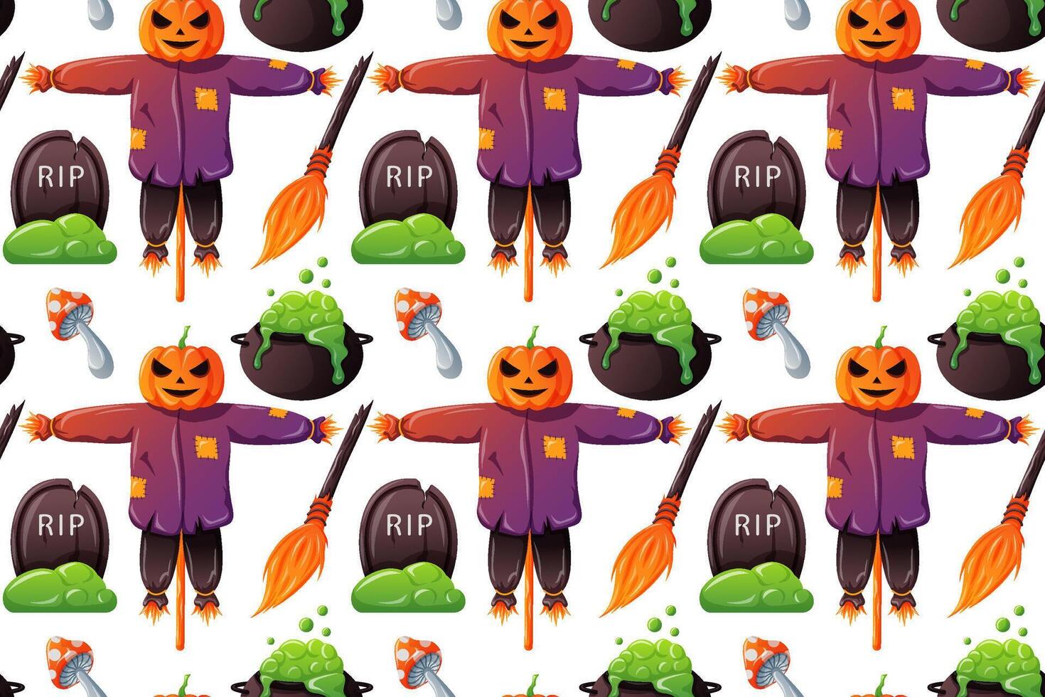 Halloween seamless pattern design with scarecrow, broom, fly agaric mushroom, tombstone and bubbling cauldron in cartoon style for wrapping paper, background. vector