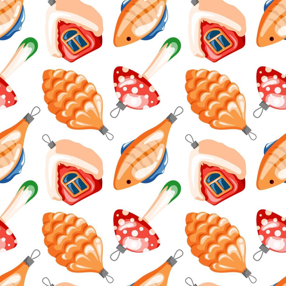 Christmas tree toys seamless pattern in cartoon style. New Year glass balls in shape of fish, house, pine cone and fly agaric. Festive xmas print. illustration isolated on a white background. vector