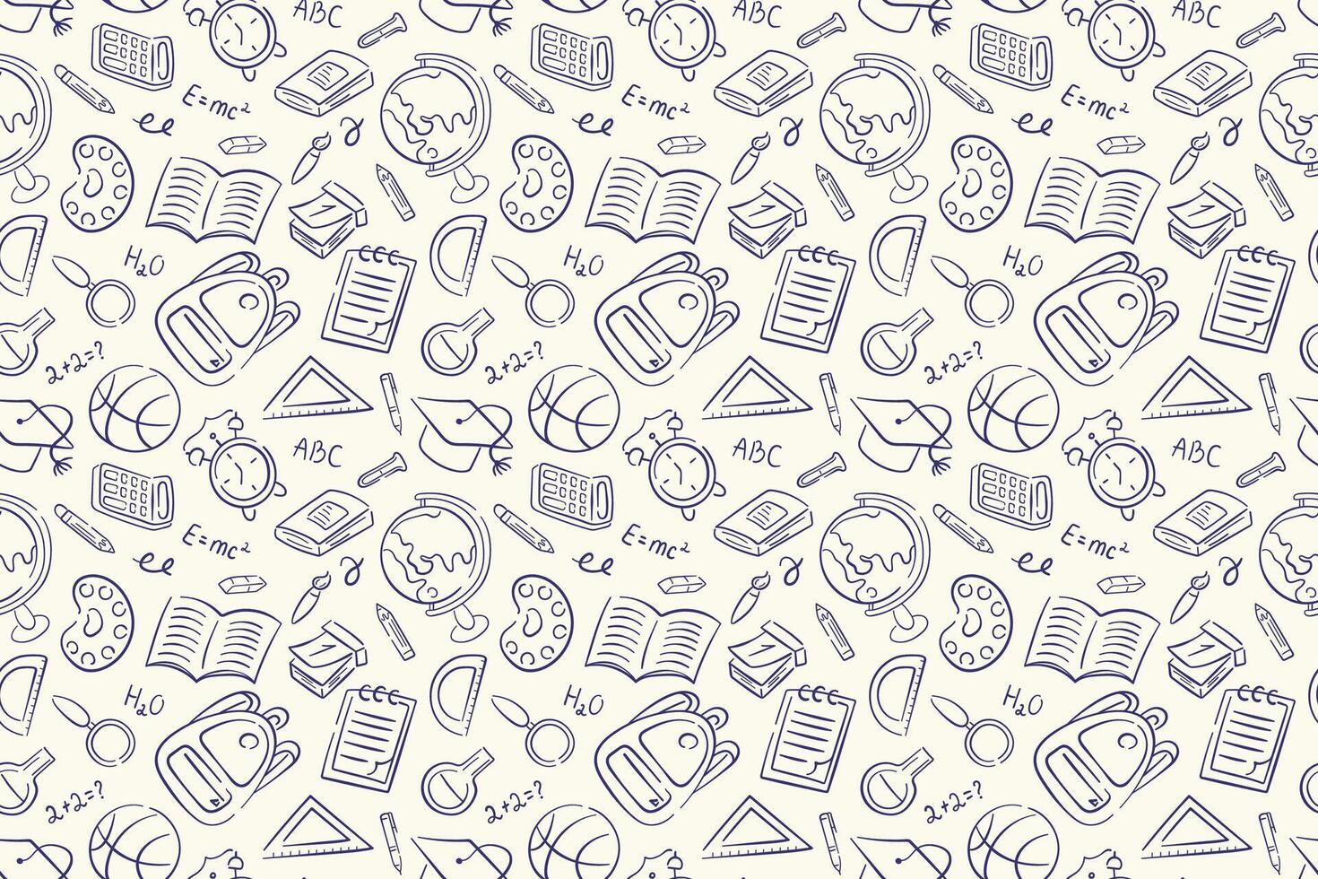 Seamless back to school pattern with doodle style book, globe, pencil, backpack and other education elements. DEsign for package, background. vector