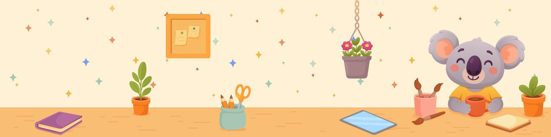banner koala artist at desk with tablet and sketchbooks vector