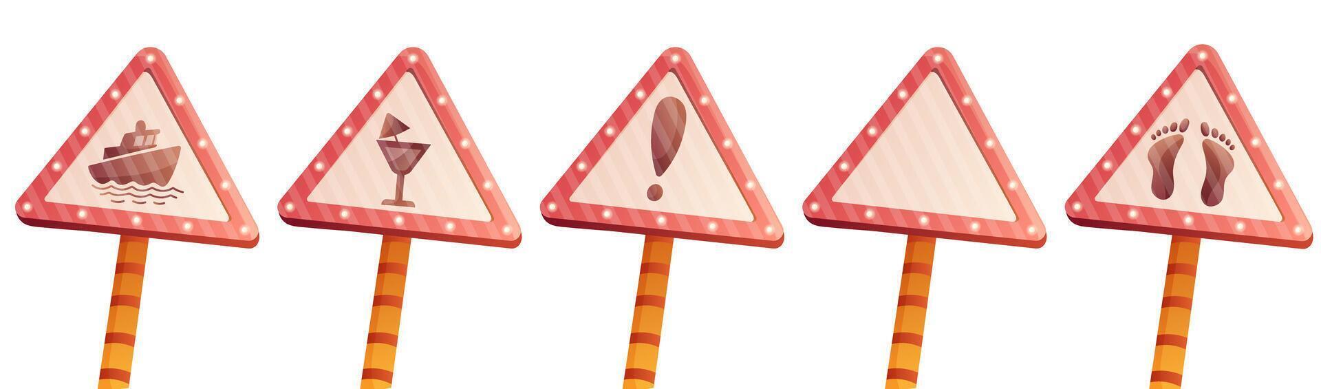 set of danger signs with lights, boat, exclamation mark and cocktail vector