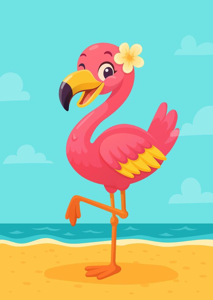 bright cute flamingo with tropical flower on sea background vector