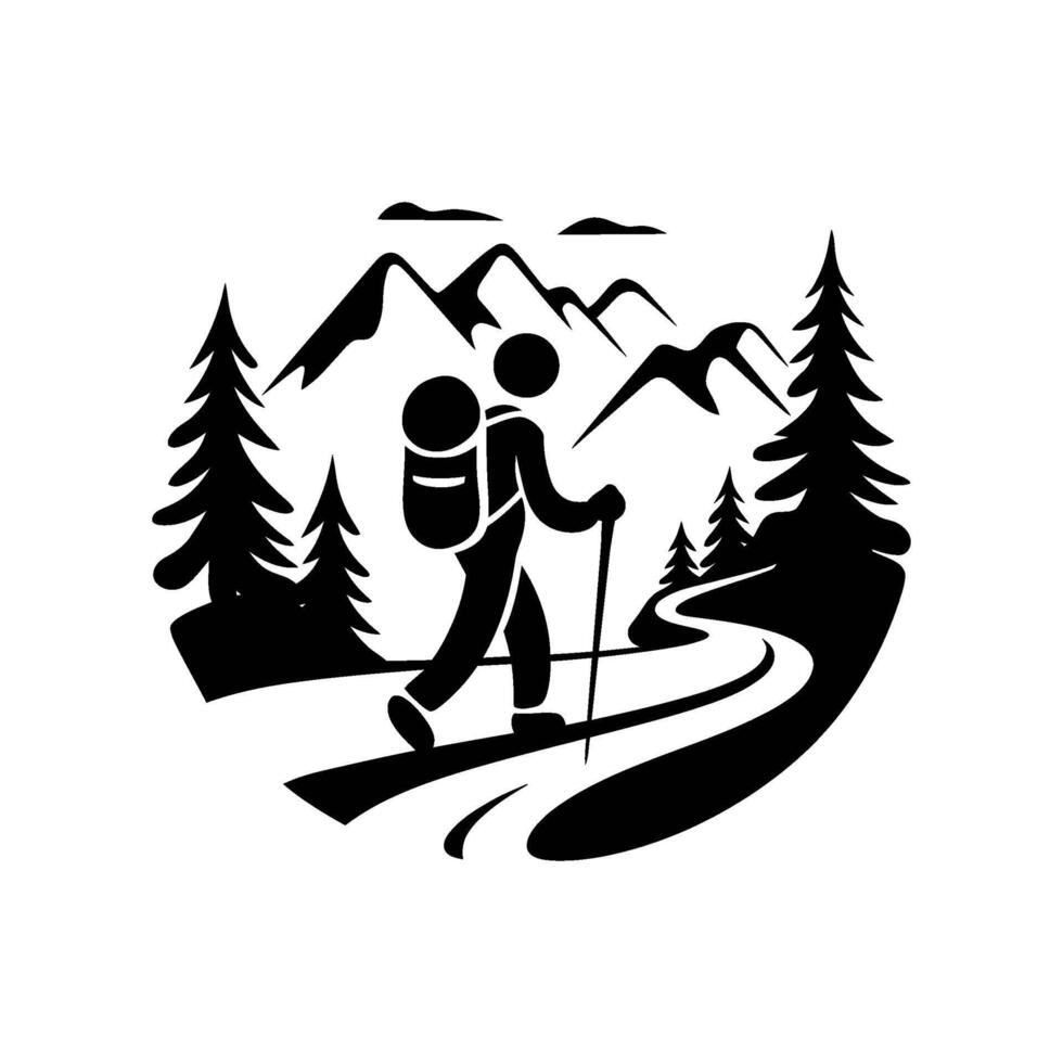 Black and white illustration of a lone adventurer trekking through a forested mountain landscape vector