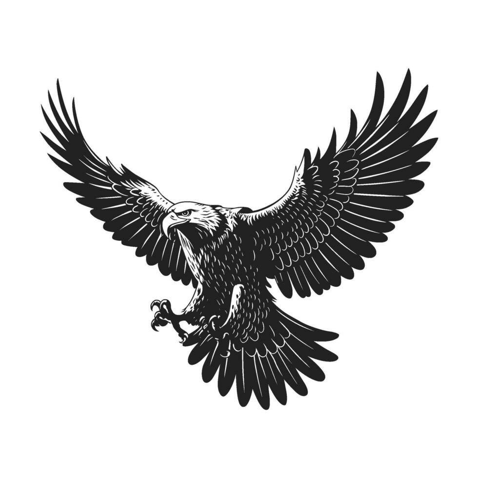 Black and white silhouette of a bald eagle in flight vector