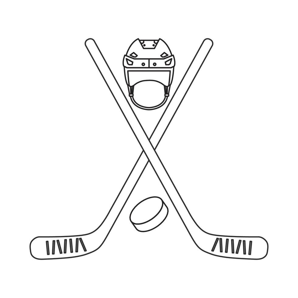 Minimalist Line Art of Crossed Hockey Sticks with Helmet and Puck Isolated on White Background vector