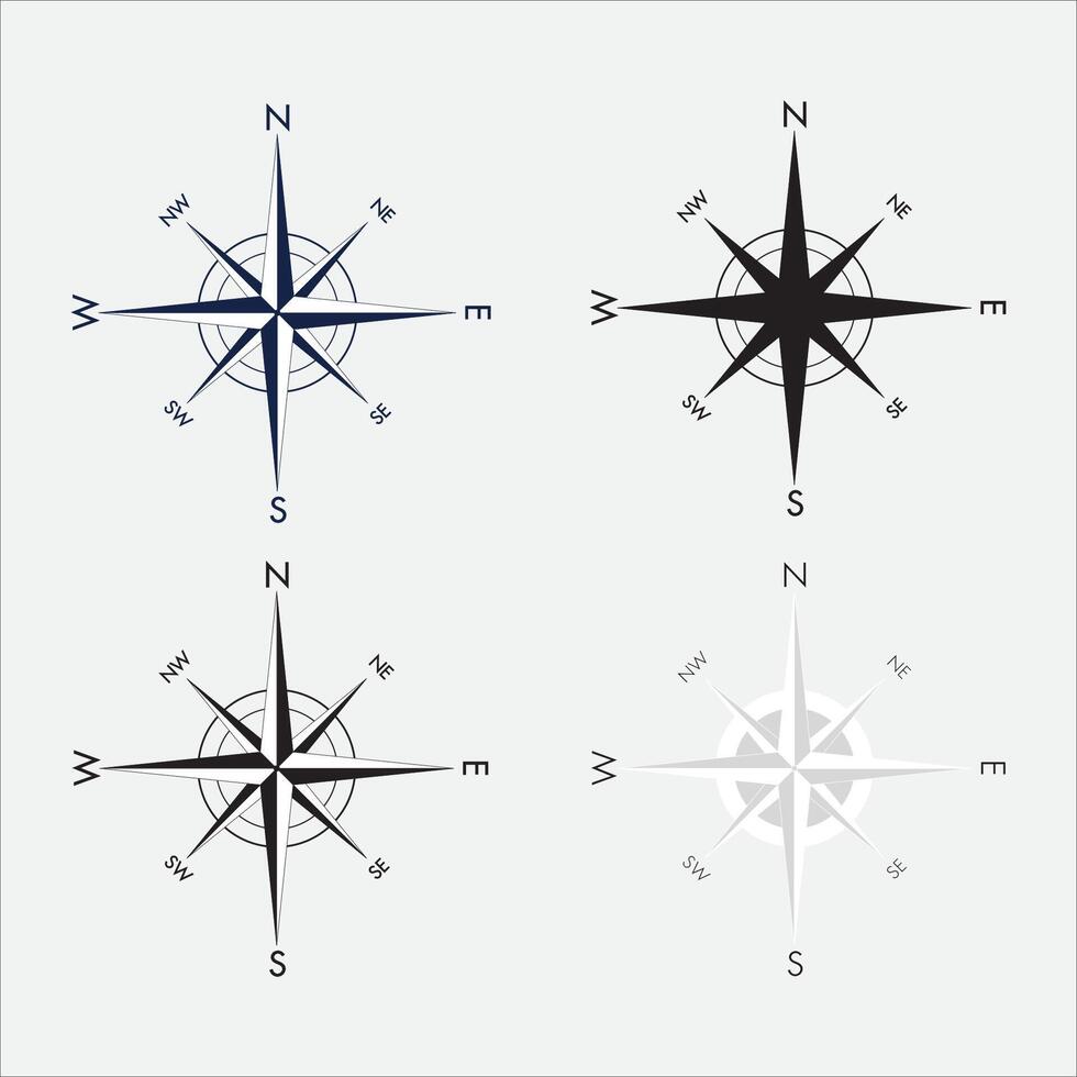 Compass Rose Icons Set, Wind Direction Symbol Collection in Black and White Design vector