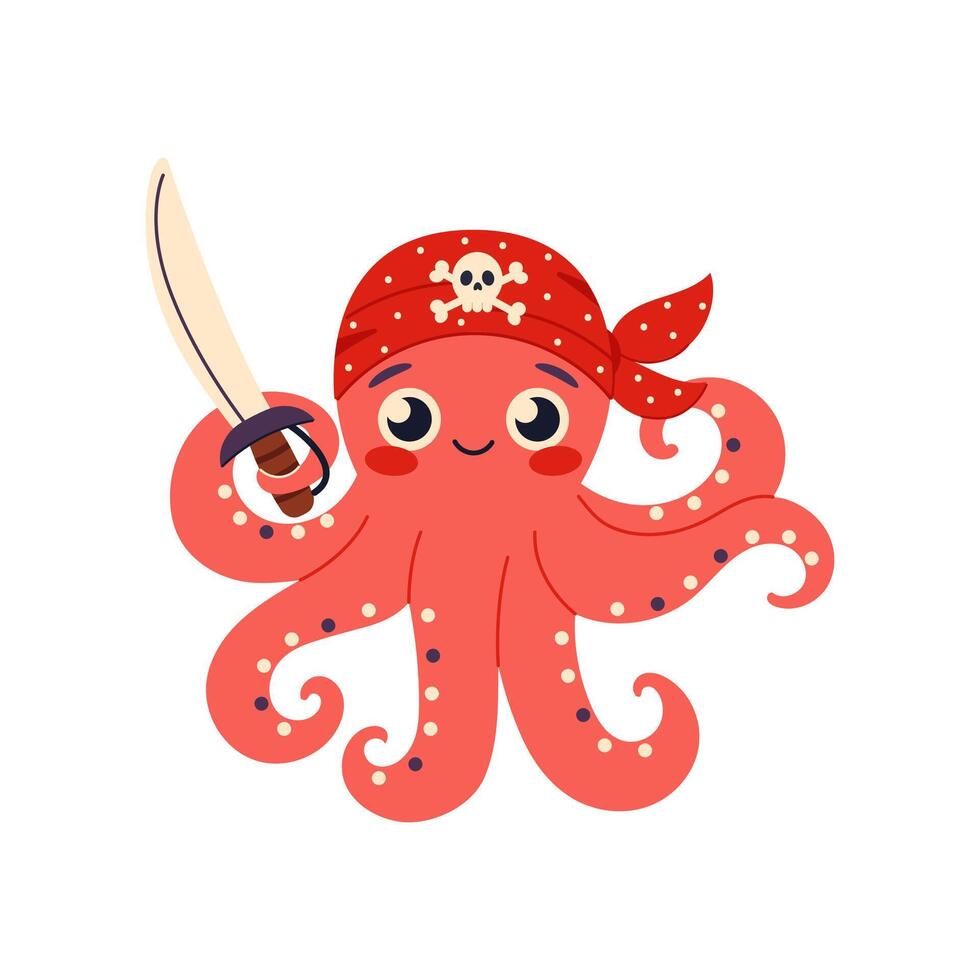 Cute octopus in a pirate bandana and with a dagger in his tentacle. Funny octopus pirate character on white background vector
