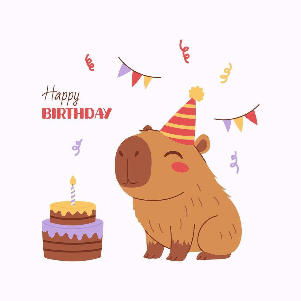 Happy Birthday greeting card with cute capybara and cake. Capybara in Birthday cap, Birthday party. Flat simple illustration in a children's style vector