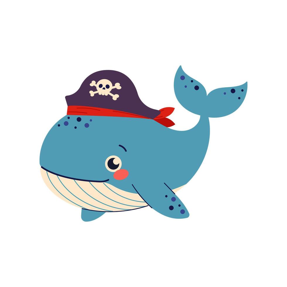 Cute whale in a pirate hat. Funny whale pirate character on white background vector