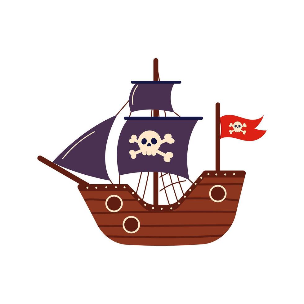 Cute pirate wooden ship. Children's simple illustration of a pirate ship with raised sails and a flag with a skull and crossbones. Pirate ship on white background vector