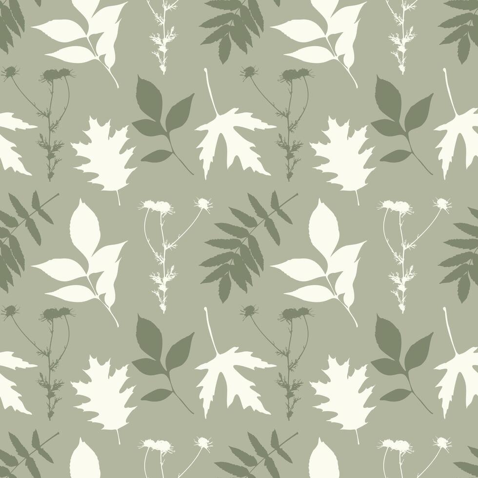 Textile pattern with silhouette leaves on soft green background. vector
