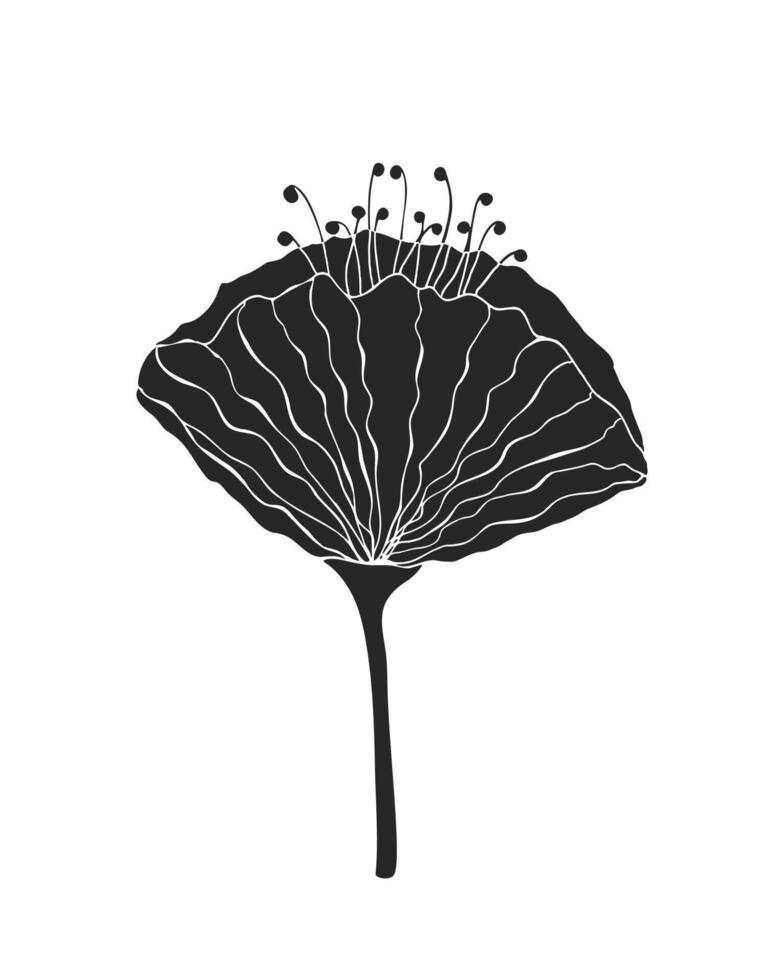 Flower silhouette poppy, hand drawn sketch, logo icon, isolated on white background. vector