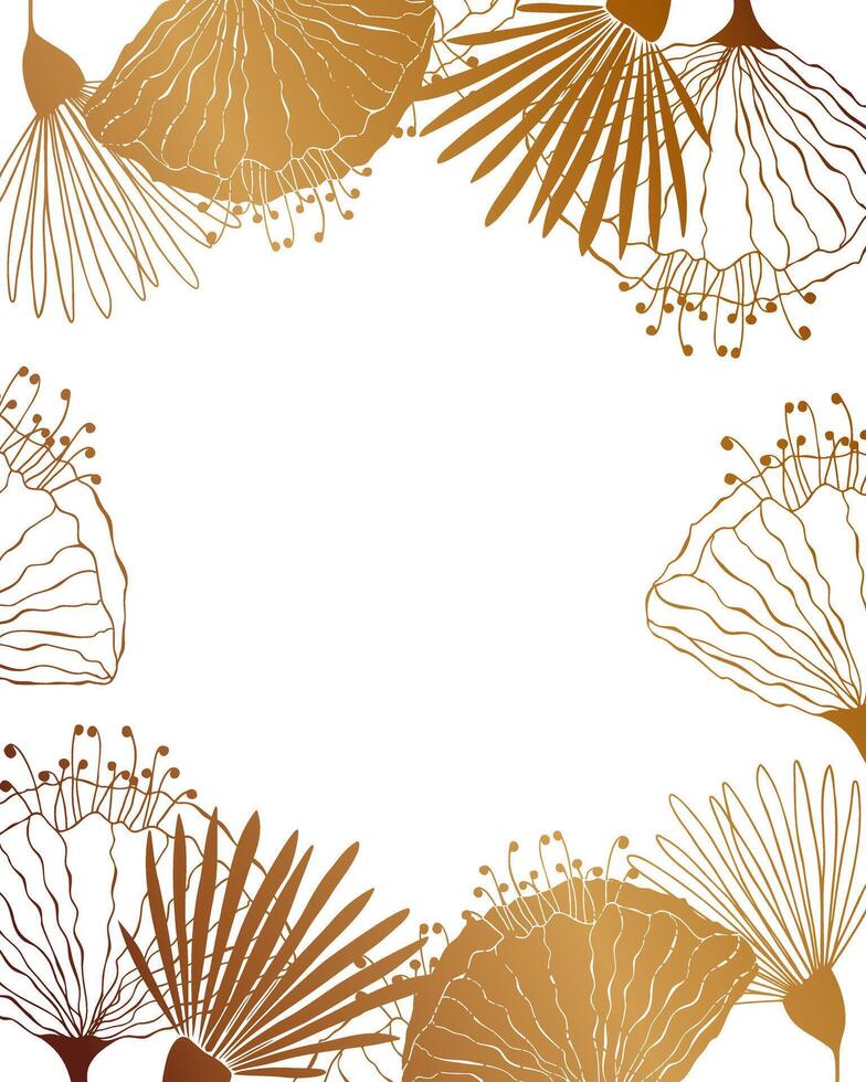 Border frame with golden flowers outline on white background, greeting card. Template for wedding, invitation, holiday. Place for inscription. vector