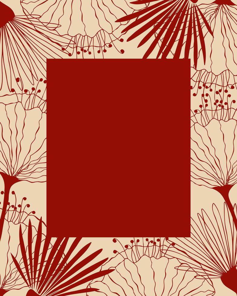 Floral frame. Elegant red floral background with hand drawn flowers, template for posts, wedding invitations, greeting cards, packaging, branding, design vector