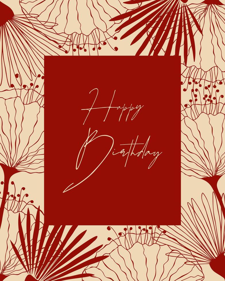 Elegant Happy Birthday greeting in red and beige tones. Outline flowers doodle. vector