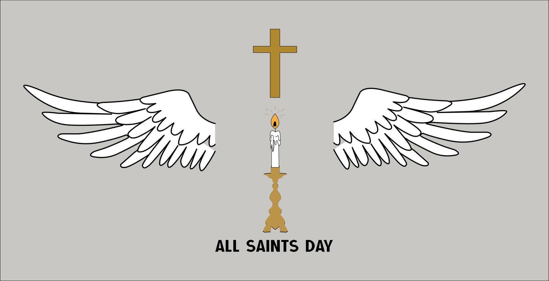 All Saints Day Angel Wings with Candle and Cross Minimalist Illustration vector
