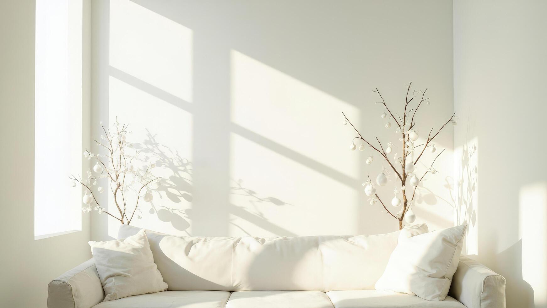 White sofa in a room with sunlight shining on it photo