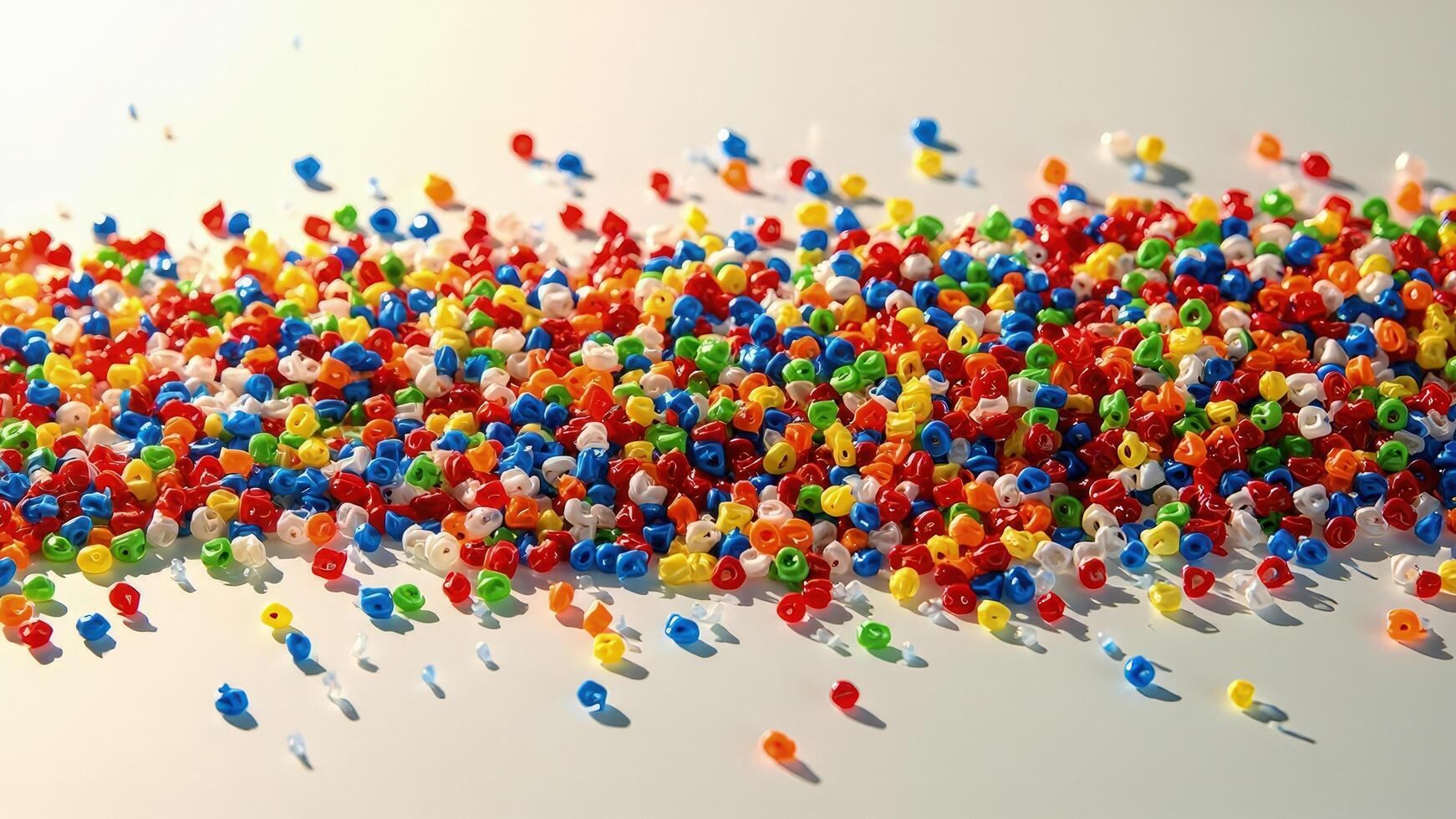 Many colorful plastic people are scattered on a white surface photo