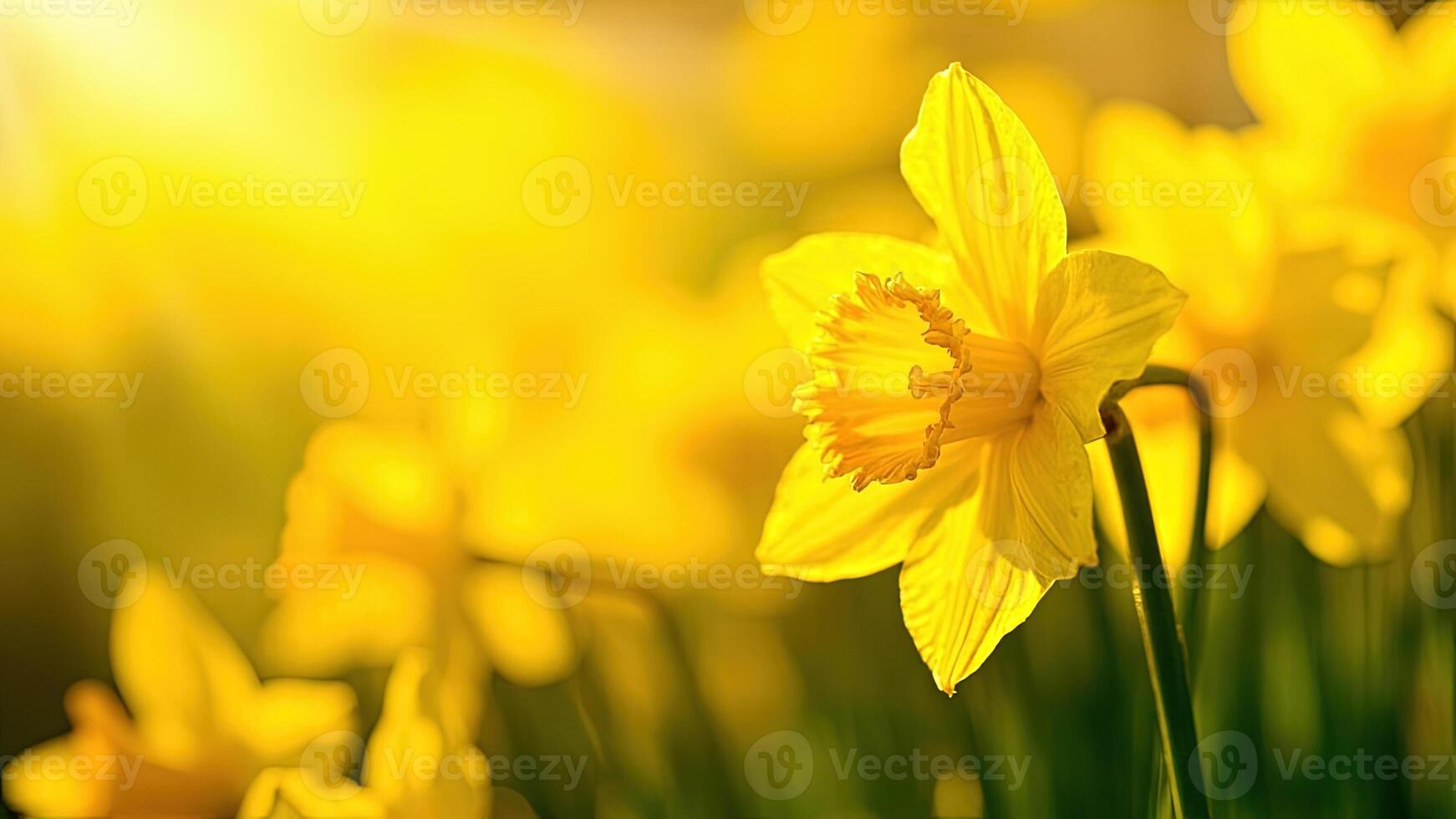Yellow daffodils in the sun with the sun shining through photo