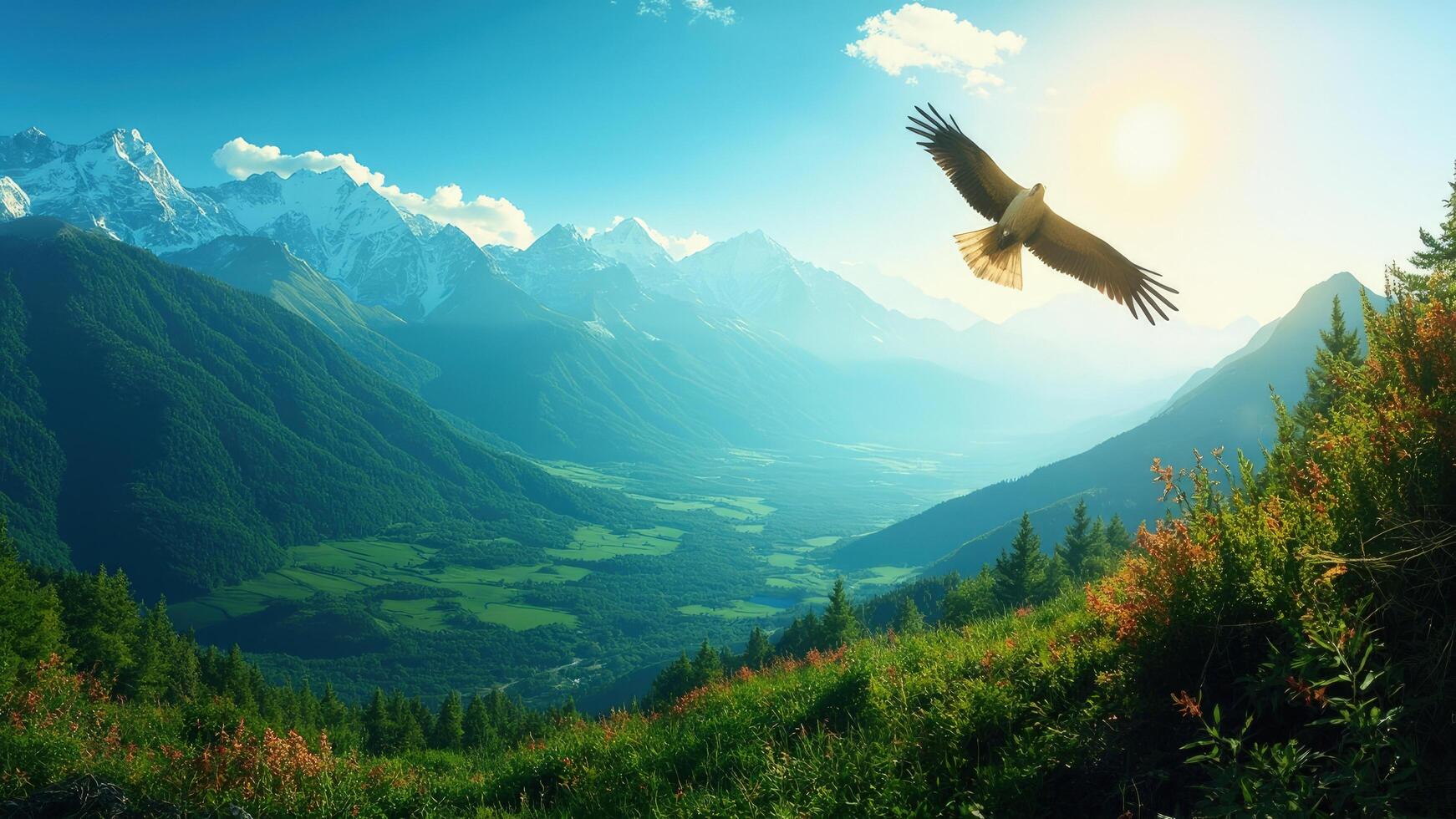 An eagle flying over a mountain range with a valley in the background photo
