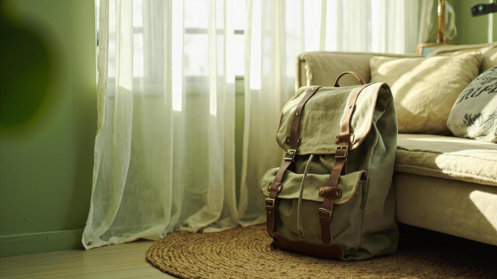 A bag sitting on a rug in front of a window photo
