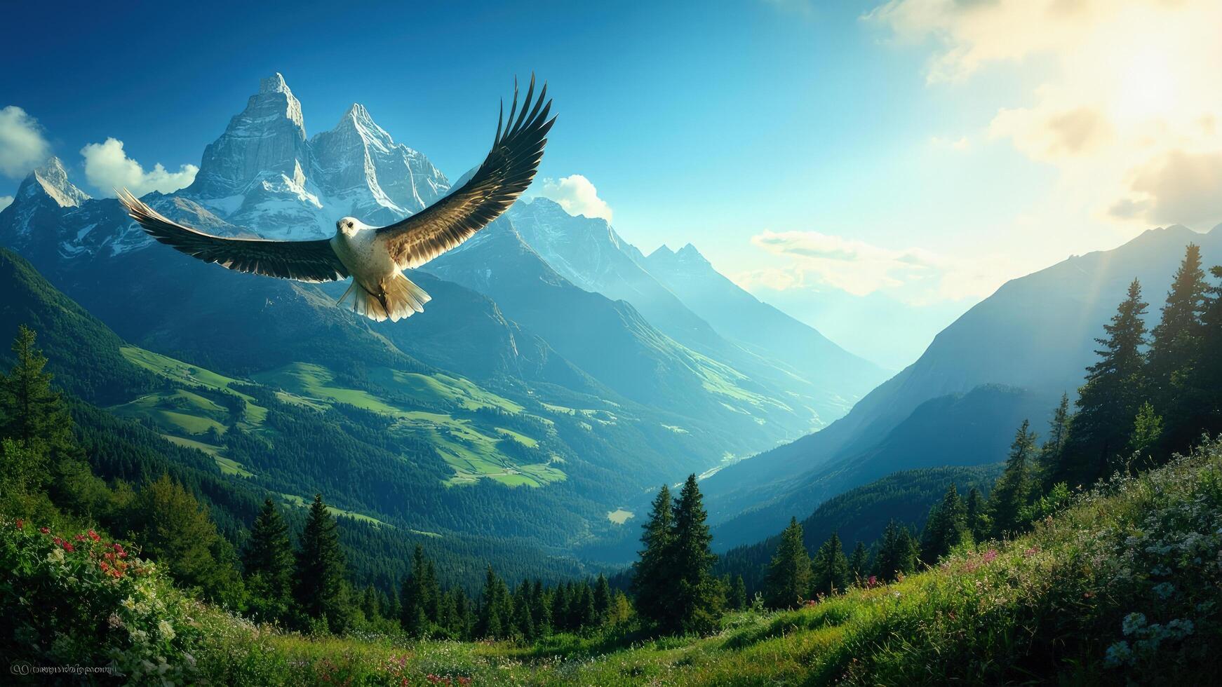 An eagle flying over a mountain range photo